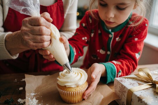 Grandmother and child baking festive Christmas desserts together, piping frosting onto a cupcake with warm light.