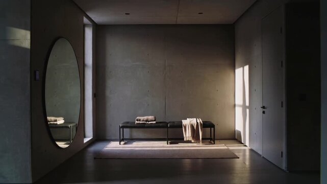 Pulling back camera as frames advance showing black metal bench with cushions at entry, oval mirror