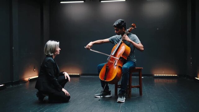 Placing bow, male cellist bowing cello in dim rehearsal studio, instructor kneeling coaching