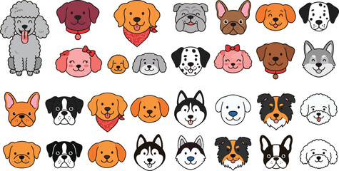 Obraz premium Collection of cartoon dog heads and one full poodle vector illustration on a white background
