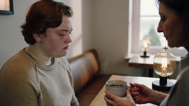 Reaching caregiver offering speckled mug, teen in knit sweater sipping at bench by window, helping