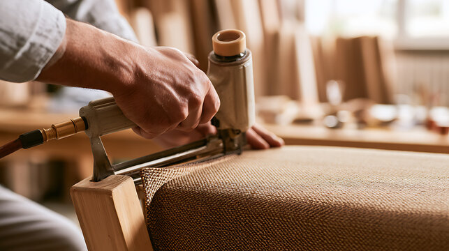 Professional upholsterer use pneumatic staple gun to attach durable fabric textile material to a wooden furniture chair frame inside work shop