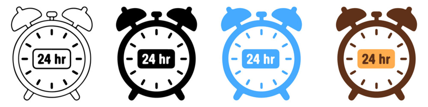 Four alarm clock with 24 hr text in different styles and colors time 24 hour