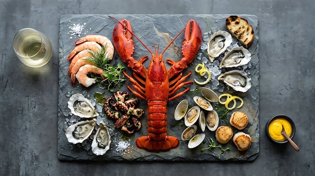 Gourmet seafood platter with whole lobster oysters grilled shrimp and scallops on dark slate stone board with lemon wedges and dipping sauce for luxury dining or fine restaurant menu presentation