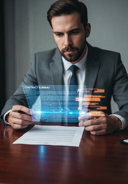 Lawyer inspecting a holographic contract summary with AI-highlighted risk clauses floating beside the papers