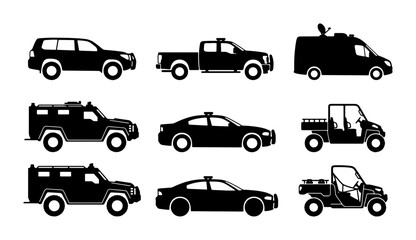 Security Vehicle Icons Set, Armored Car and Police Car Silhouettes, Transportation Vector Graphics for Law Enforcement and Protection Concepts © Toki