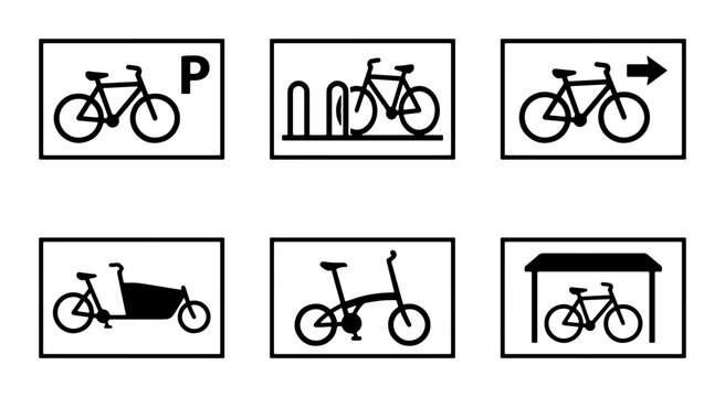 Bicycle Parking Icons Set, Cycling Signage Collection, Urban Transport Symbols, Vector Graphics for Navigation and Information