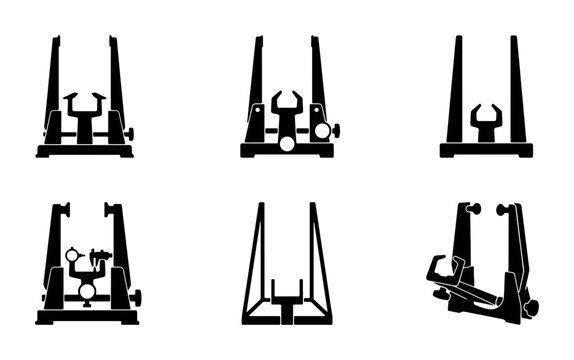 Set of Six Black Silhouettes of Mechanical Clamps, Precision Holding Devices, Industrial Equipment Icons, Engineering Tools, Workshop Fixtures, Technical Equipment Graphics