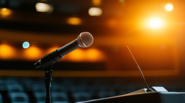 Microphone on Stage: A close-up shot of a microphone poised on a stand, ready for a speaker on a dimly lit stage with warm spotlight creating a dramatic atmosphere.