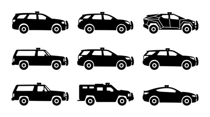 Police Car Icons, Law Enforcement Vehicle Silhouettes, Security SUV and Sedan Vector Set, Emergency Transport Graphics © Toki