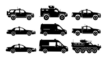 Set of 9 Black Silhouette Icons: Police Cars, Armored Vehicles, Vans, and Trucks for Security and Transport Concepts © Toki