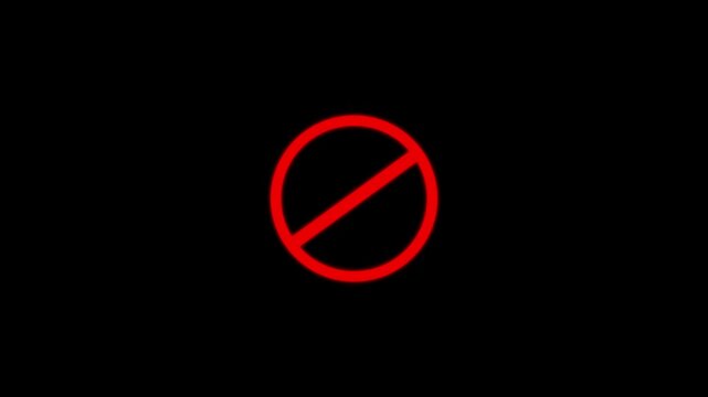 Animation of the prohibition mark No symbol on black background. Warning, stop or no entry forbidden red circle animation concept
