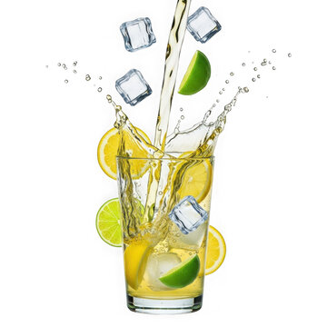 Refreshing citrus cocktail pouring into glass with ice cubes and lime lemon slices
