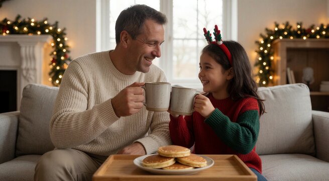 Holiday Christmas breakfast moment featuring a smiling father and daughter sharing a toast with mugs and pancakes on a cozy sofa.