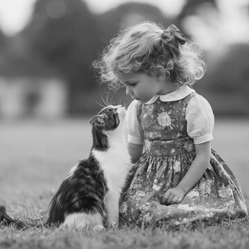Little girl kneeling on grass interacting with a cat outside. Showing childhood innocence and a loving relationship between pet and owner