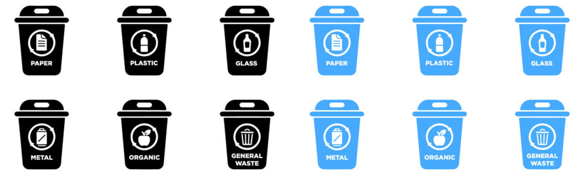 Set of recycling bins with for paper plastic glass metal organic and general waste in black and blue