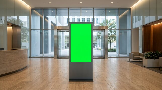 Modern digital signage totem with green screen mockup in a minimalist office lobby with glass walls