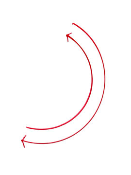 A simple hand drawn red curved arrow symbol showing a circular direction or a cycle motion for design use