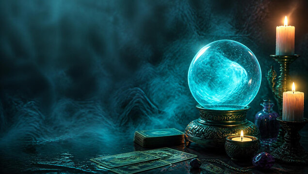 Mystical crystal ball on a dark table with tarot cards and burning candles, surrounded by swirling blue magical smoke in a dark, atmospheric setting