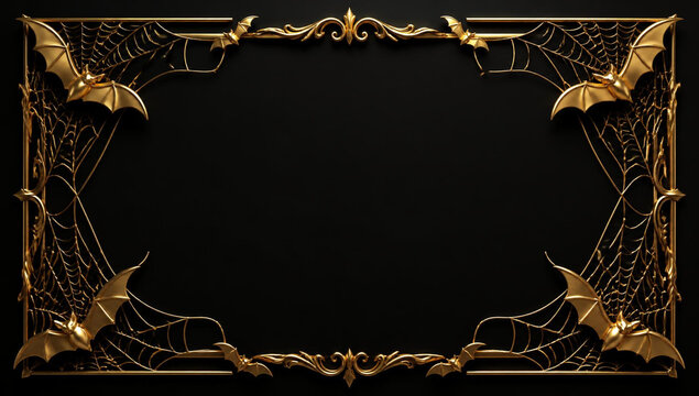 Elegant gold ornate frame with bats and spider webs on black background, luxury halloween border design for invitations and greeting cards