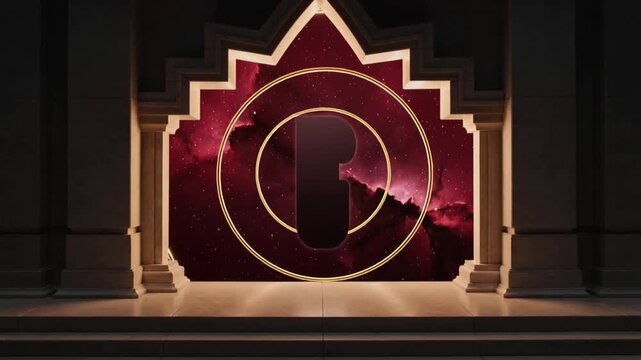Forming thin golden ring sparking expanding rings around black emblem in arch, emphasizing emblem