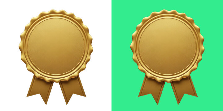 A pair of shiny golden circular award badges with textured ribbon tails