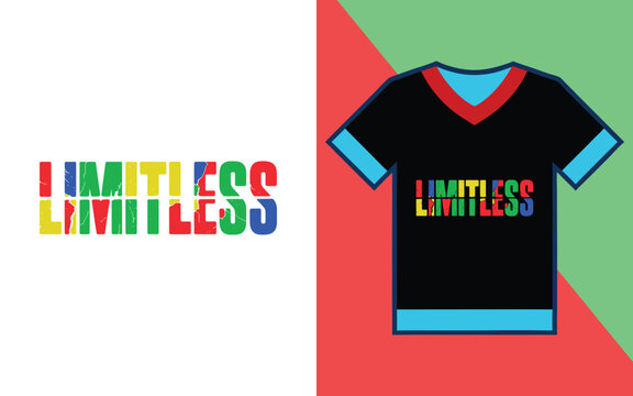 Limitless typography t-shirt featuring multi-colored distressed text on a black v-neck apparel mockup
