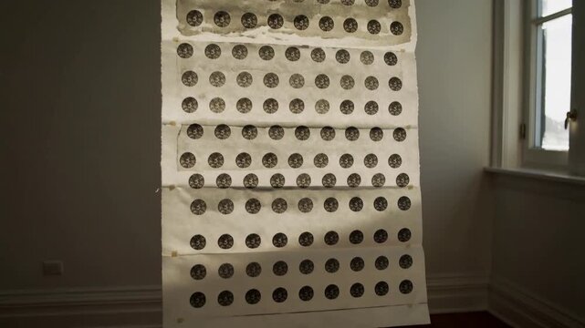 Unrolling tall paper roll with dark discs descending studio wall from top roll, revealing motifs