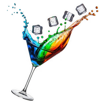 Rainbow cocktail splash in martini glass with ice cubes isolated on white background