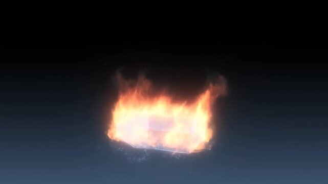 Slow motion static shot of ice block igniting burning and melting into flames on dark studio background