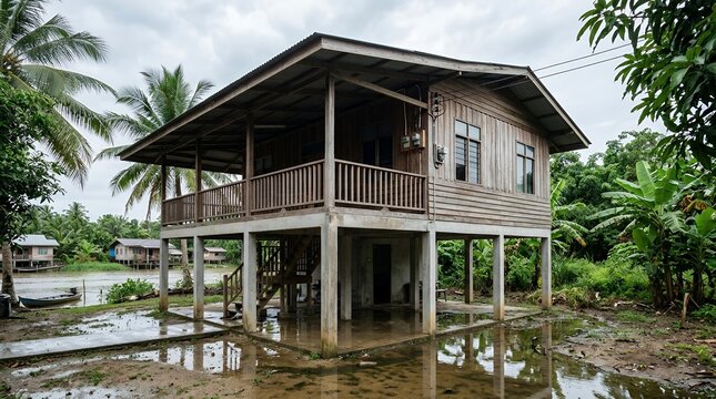 Traditional wooden stilt house in Southeast Asia village landscape
