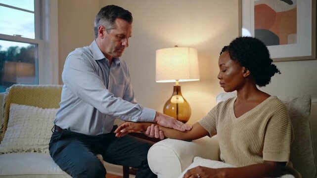 Woman in beige top presenting for checkup at home, man holding wrist examining forearm with cushion