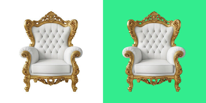 A Luxurious White Tufted Armchair With Ornate Gold Carvings On Two Backgrounds