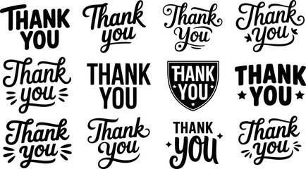 Obraz premium Collection of twelve different black script and bold typography featuring the words thank you in various styles, fonts, and decorations.
