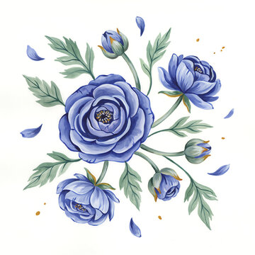 Hand painted blue ranunculus flowers with green leaves arrangement isolated on a transparent background