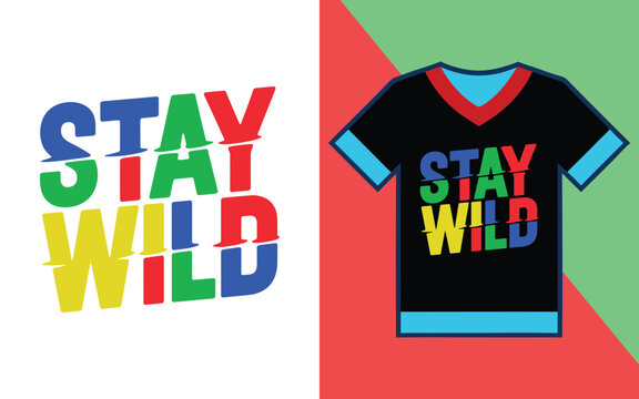 Stay wild glitch effect typography printed on a black t-shirt with blue and red trim details