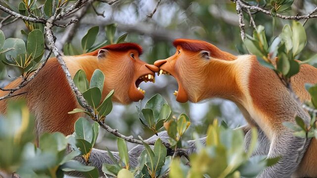 Proboscis Monkeys Confront Each Other in the Jungle Canopy