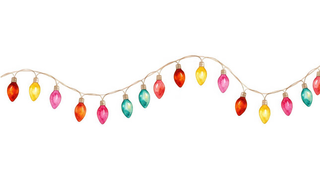 Watercolor illustration of a festive string of colorful christmas lights isolated on transparent background
