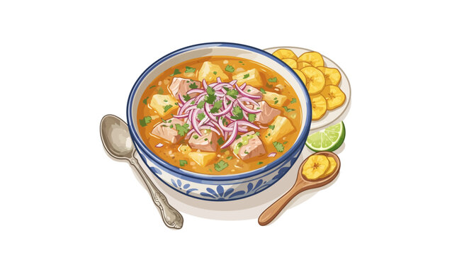 Traditional Ecuadorian Encebollado Fish Soup Illustration with Plantain Chips