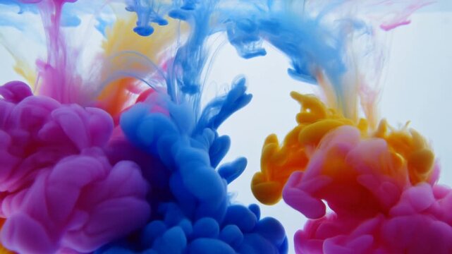 Slow motion static close up of colorful ink plumes mixing and swirling in clear water studio tank with pink blue and yellow dyes forming clouds and gradients