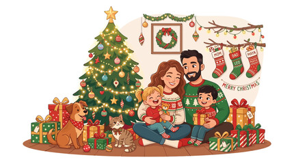 Fototapeta premium Happy family celebrating winter holiday with decorated tree and pets