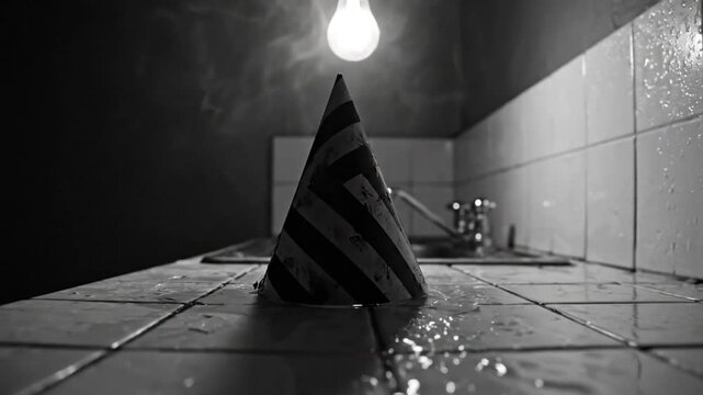 Surreal black and white still life with party hat, steam, and lightbulb in wet, dimly lit space.