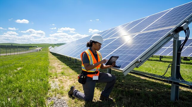 Female engineer in neon orange safety vest and white hard hat kneels beside gleaming solar panels using laptop in sunny green field for renewable energy inspection