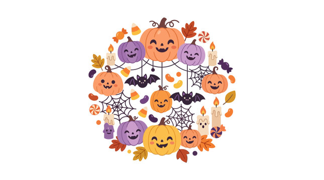 Round arrangement of smiling Halloween pumpkins and bats
