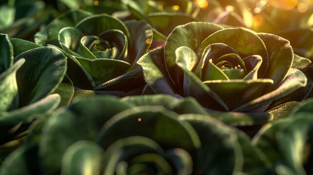 Camera moving forward, central rosette becoming sharper in sunlit garden bed, revealing dew, bokeh