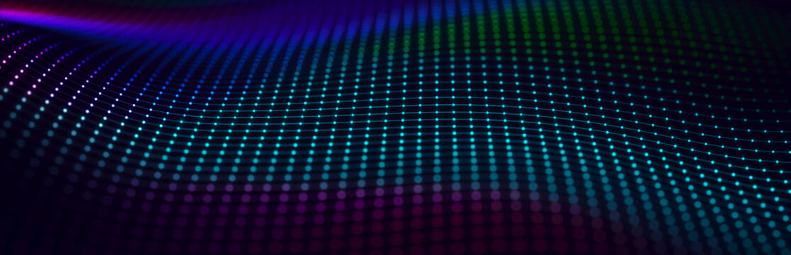 Colored music surface. Beautiful curved wave on a dark background. Digital technology background. 3D