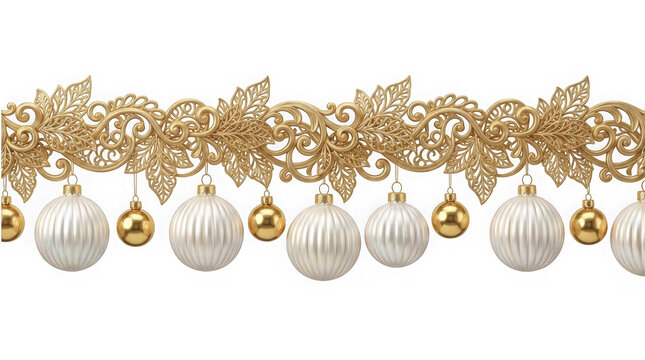 Christmas garland border with golden leaves and hanging white and gold baubles isolated on transparent background