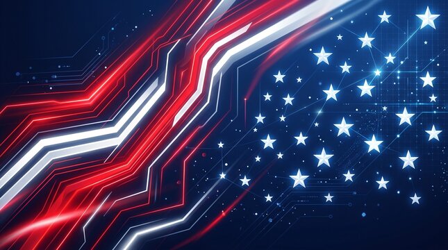 Futuristic American Flag Cyber Technology Abstract Background. High-tech digital illustration blending patriotic symbols of the USA with a futuristic cyber aesthetic.