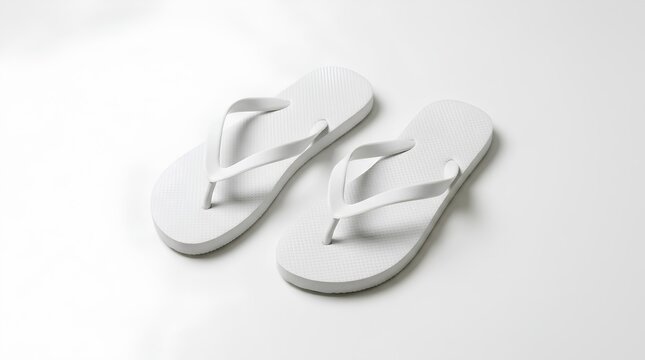 Pair of plain white rubber flip flop sandals arranged casually on clean white surface, soft overhead studio lighting, minimalist product photography, simple summer footwear, beach accessory