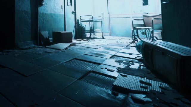 The scene shows an old hallway inside a building. Water covers the floor and pieces of furniture are damaged. Light comes in from the back, adding to the atmosphere.